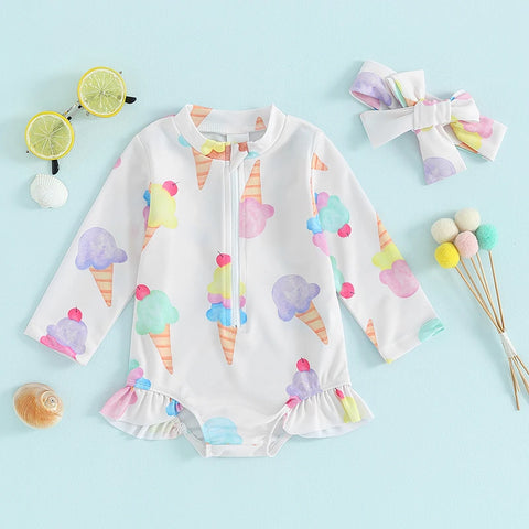 Girls Long-Sleeve Swimsuit with Headband – UPF Protection for All-Day Play Teeny Pandas