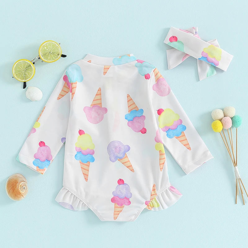Girls Long-Sleeve Swimsuit with Headband – UPF Protection for All-Day Play Teeny Pandas