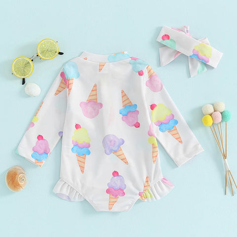 Girls Long-Sleeve Swimsuit with Headband – UPF Protection for All-Day Play Teeny Pandas