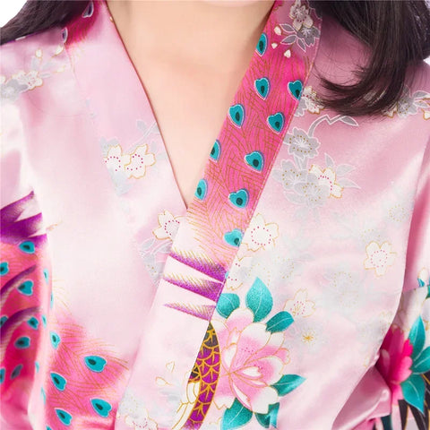 Kids Satin Floral Kimono Robe – Flower Girl Peacock Bathrobe