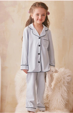 Girl’s Princess Turndown Collar Pajama Sets – Long Sleeve Sleepwear with Black Line Detail