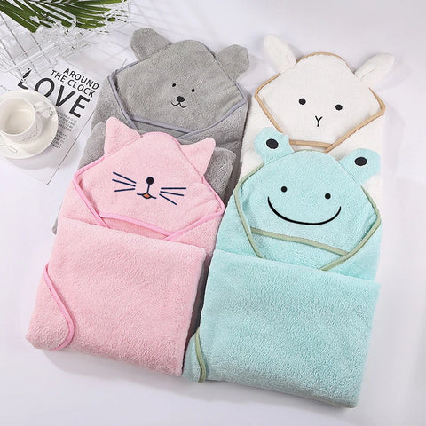 Cute Baby Bath Towel with Hood - Cartoon Coral Fleece Towel