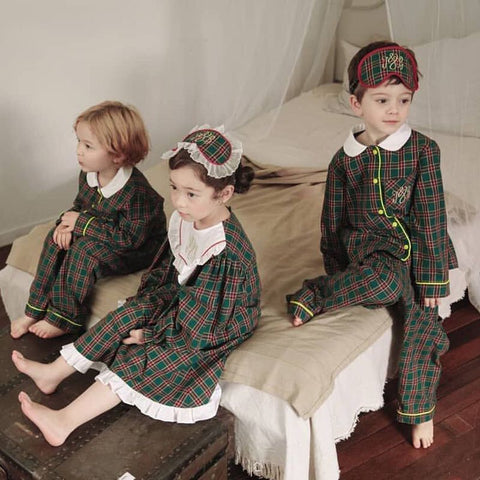 Vintage Plaid Sleepwear Embroidered Letters Pajama Set with Blindfold