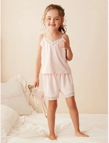 Girl’s Lace Sleeveless Pajama Sets – Camisole Tops + Shorts Sleepwear