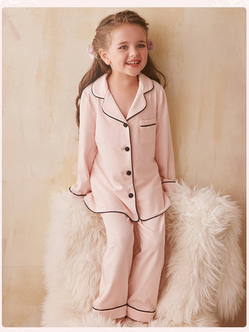 Girl’s Princess Turndown Collar Pajama Sets – Long Sleeve Sleepwear with Black Line Detail