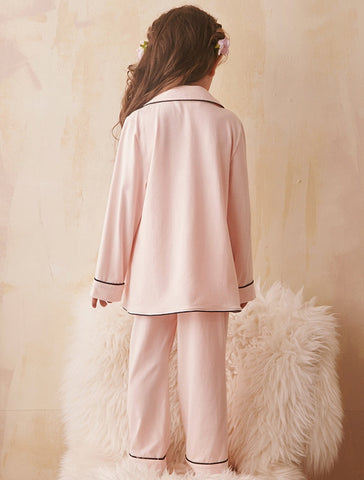 Girl’s Princess Turndown Collar Pajama Sets – Long Sleeve Sleepwear with Black Line Detail