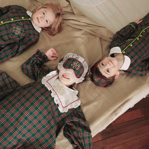 Vintage Plaid Sleepwear Embroidered Letters Pajama Set with Blindfold