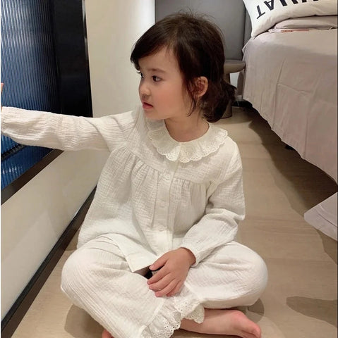 Cute Girl's Lolita Round Neck Cotton Crepe Pajama Set - Toddler & Kids Sleepwear