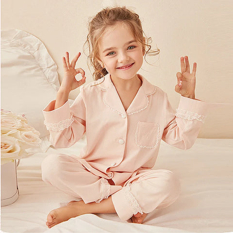 Girls Lolita Turndown Collar Pajama Set – Long Sleeve Top & Pants