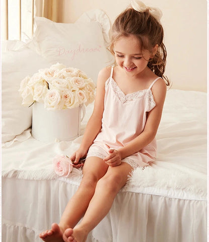 Girl’s Lace Sleeveless Pajama Sets – Camisole Tops + Shorts Sleepwear