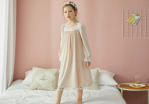 Girl’s Pink Princess Sleepshirt – Royal Style Lace Square Neck Nightgown