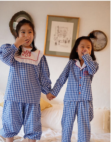 Vintage Plaid Sleepwear Embroidered Letters Pajama Set with Blindfold