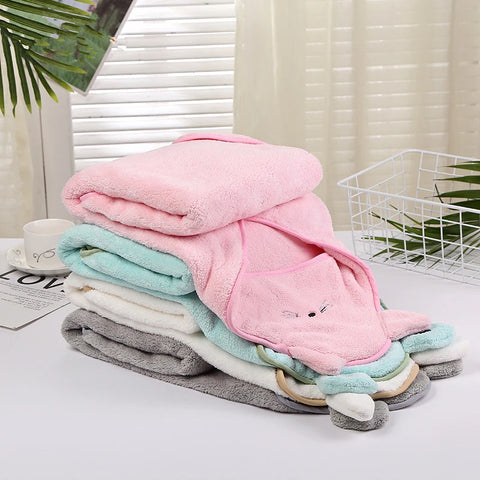 Cute Baby Bath Towel with Hood - Cartoon Coral Fleece Towel