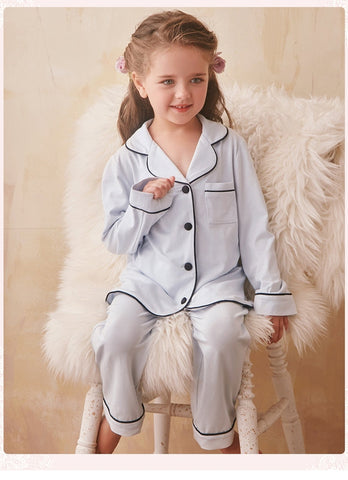 Girl’s Princess Turndown Collar Pajama Sets – Long Sleeve Sleepwear with Black Line Detail