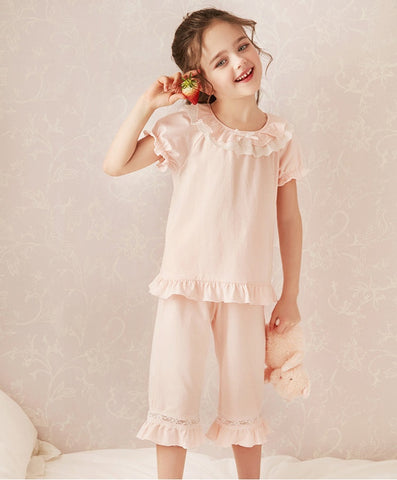 Summer Lolita Cotton Lace Pajama Set – Short Sleeve Sleepwear