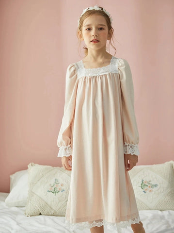 Girl’s Pink Princess Sleepshirt – Royal Style Lace Square Neck Nightgown