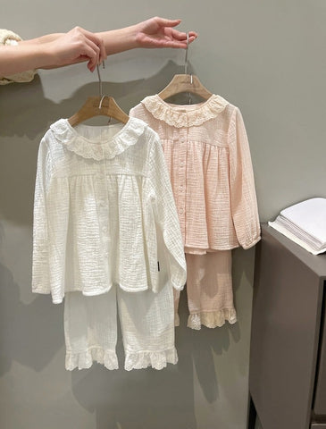 Cute Girl's Lolita Round Neck Cotton Crepe Pajama Set - Toddler & Kids Sleepwear