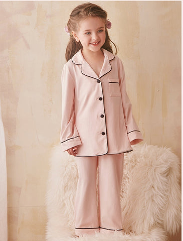 Girl’s Princess Turndown Collar Pajama Sets – Long Sleeve Sleepwear with Black Line Detail