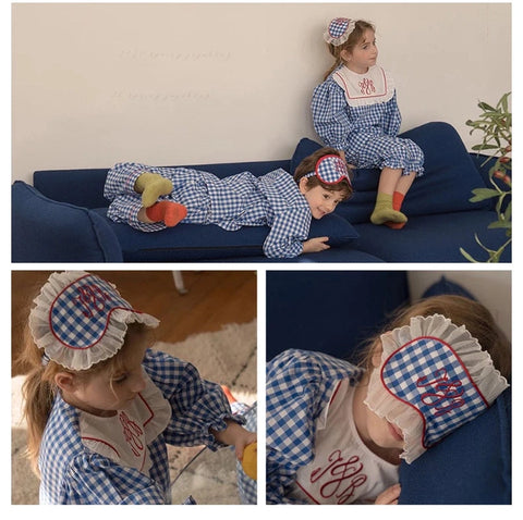 Vintage Plaid Sleepwear Embroidered Letters Pajama Set with Blindfold