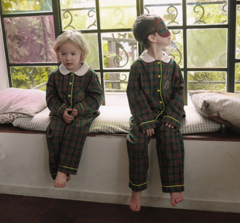 Vintage Plaid Sleepwear Embroidered Letters Pajama Set with Blindfold