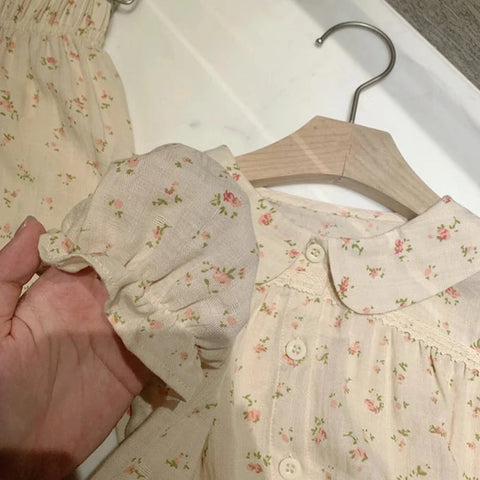 Turndown Collar Pajama Set – Vintage Floral Puff Sleeve Sleepwear
