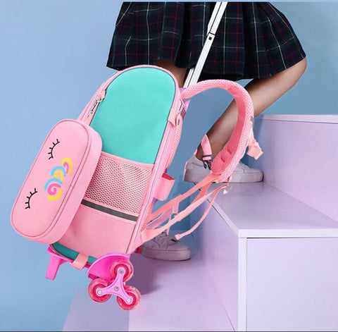 School Rolling Backpack for Girls with Pencil Case and Lunch Bag