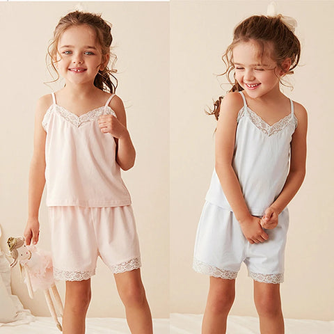 Girl’s Lace Sleeveless Pajama Sets – Camisole Tops + Shorts Sleepwear