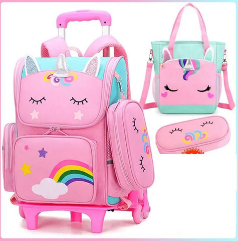 School Rolling Backpack for Girls with Pencil Case and Lunch Bag