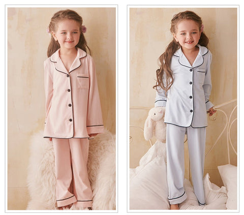 Girl’s Princess Turndown Collar Pajama Sets – Long Sleeve Sleepwear with Black Line Detail