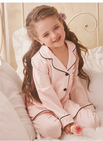 Girl’s Princess Turndown Collar Pajama Sets – Long Sleeve Sleepwear with Black Line Detail