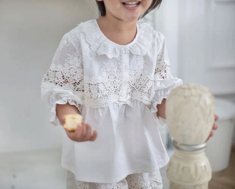 Lolita Pajama Set – Lace Embroidered Tops & Shorts for Girls