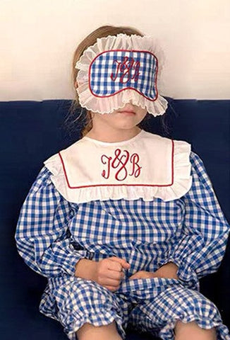 Vintage Plaid Sleepwear Embroidered Letters Pajama Set with Blindfold