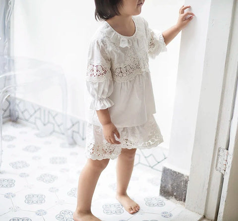 Lolita Pajama Set – Lace Embroidered Tops & Shorts for Girls