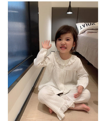 Cute Girl's Lolita Round Neck Cotton Crepe Pajama Set - Toddler & Kids Sleepwear