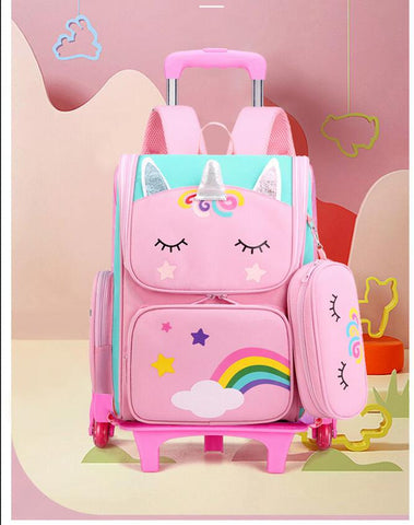 School Rolling Backpack for Girls with Pencil Case and Lunch Bag
