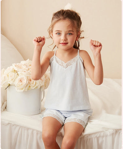 Girl’s Lace Sleeveless Pajama Sets – Camisole Tops + Shorts Sleepwear