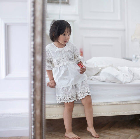 Lolita Pajama Set – Lace Embroidered Tops & Shorts for Girls