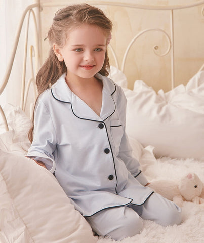 Girl’s Princess Turndown Collar Pajama Sets – Long Sleeve Sleepwear with Black Line Detail