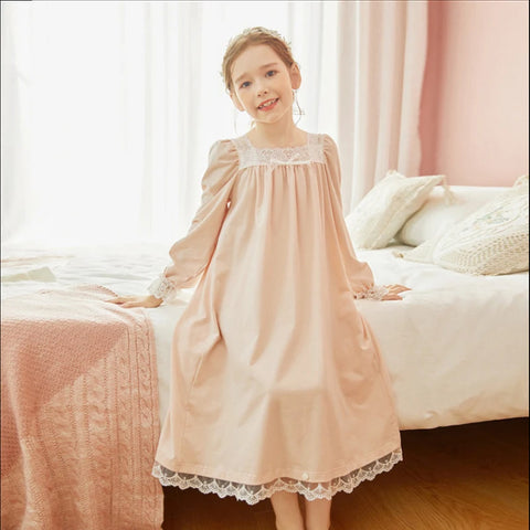Girl’s Pink Princess Sleepshirt – Royal Style Lace Square Neck Nightgown