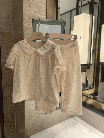 Turndown Collar Pajama Set – Vintage Floral Puff Sleeve Sleepwear