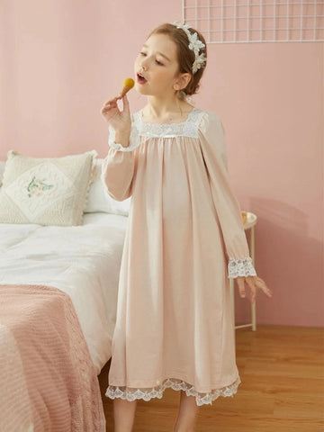 Girl’s Pink Princess Sleepshirt – Royal Style Lace Square Neck Nightgown