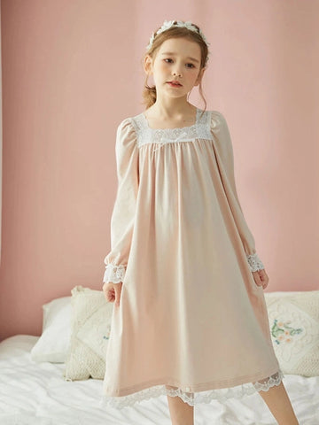 Girl’s Pink Princess Sleepshirt – Royal Style Lace Square Neck Nightgown