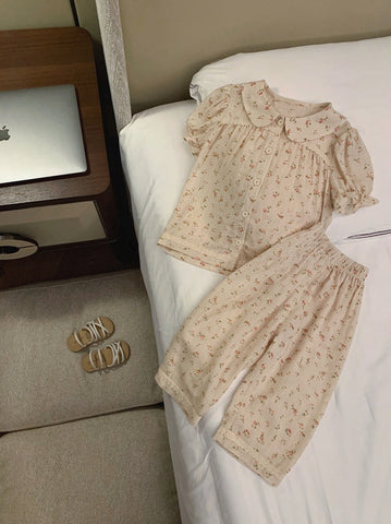 Turndown Collar Pajama Set – Vintage Floral Puff Sleeve Sleepwear