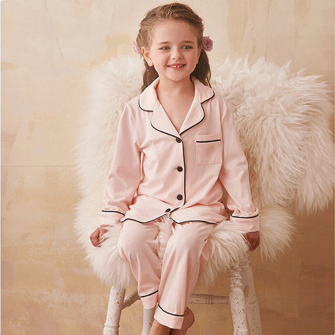 Girl’s Princess Turndown Collar Pajama Sets – Long Sleeve Sleepwear with Black Line Detail