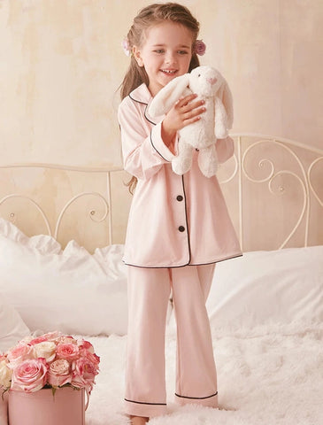 Girl’s Princess Turndown Collar Pajama Sets – Long Sleeve Sleepwear with Black Line Detail