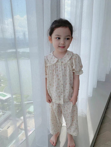 Turndown Collar Pajama Set – Vintage Floral Puff Sleeve Sleepwear