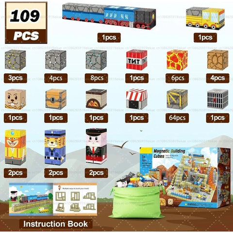 Lava-Themed Train Station Magnetic Building Blocks Set - 109 Pieces Teeny Pandas