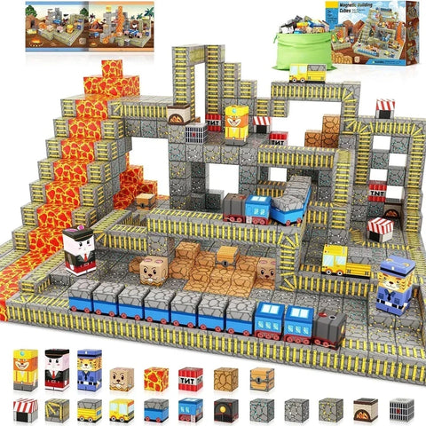 Lava-Themed Train Station Magnetic Building Blocks Set - 109 Pieces Teeny Pandas