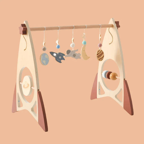 Rocket-Themed Baby Gym with Wooden Rattle Toys Teeny Pandas