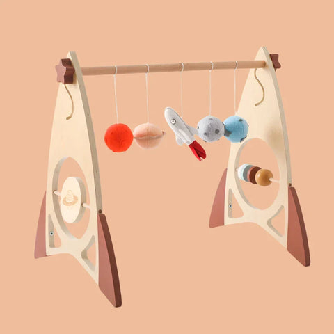 Rocket-Themed Baby Gym with Wooden Rattle Toys Teeny Pandas